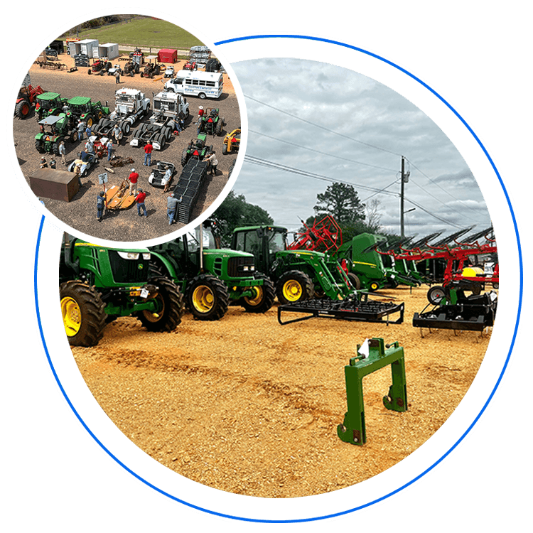 Lineup of Heavy-Duty Dump Trucks; Claas Tractor Pulling Claas Round Baler